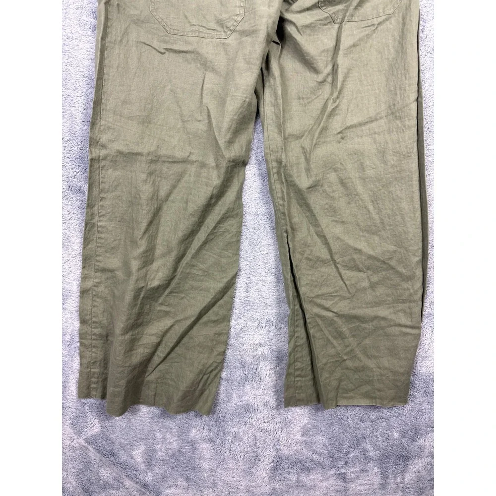 H&M Womens 10 Green Linen Wide Leg Pants Mid Rise Utility Pockets Casual Summer
